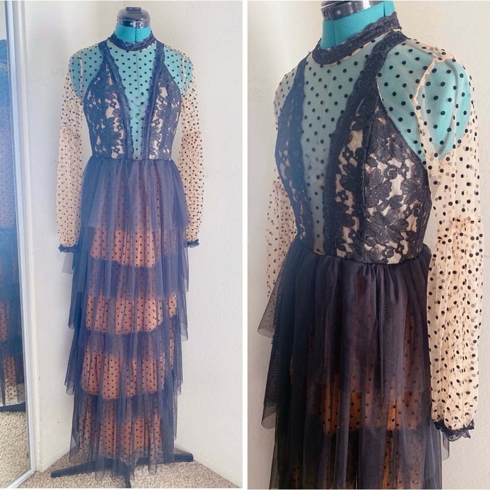 BLACK GOTHIC PEACH ORANGE LACE CORSET RUFFLE CHIFFON DRESS WITH A SLIT. SZ M.